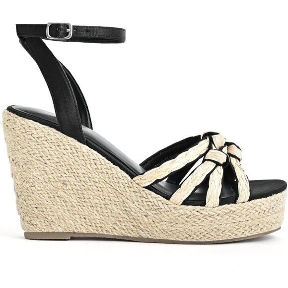 Sicare Open Toe Wedge Raffia Black Women Espadrilles Braided Strappy Sandal - Picture 2 of 10